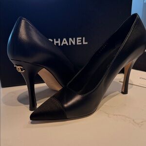 CHANEL Black Leather and Satin Cap-Toe Heels